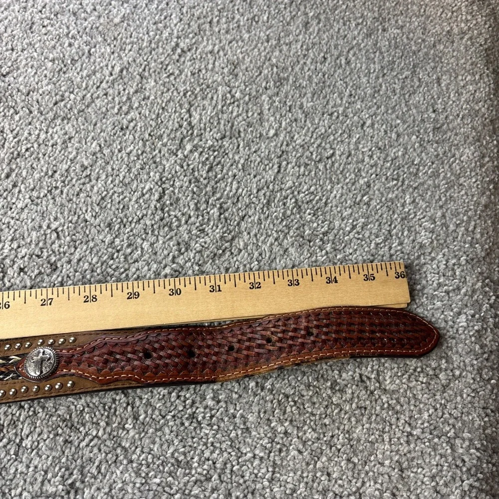 vtg Western Leather‎ Belt braided horsehair inlay cross Brown Conchos Studded 38